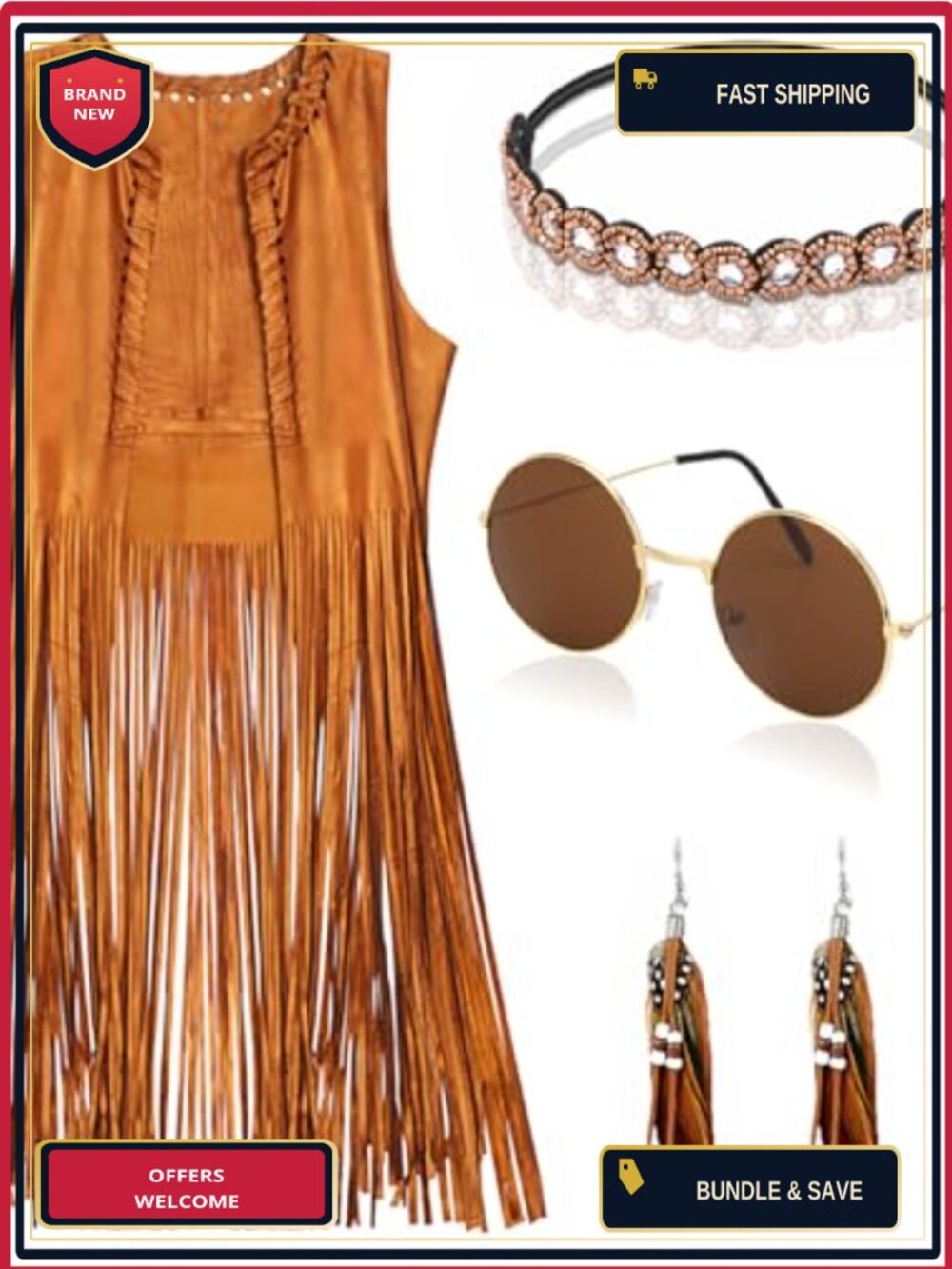 Womens 70s Hippie Fringe Vest Costume Set with Earrings Headband Sunglasses